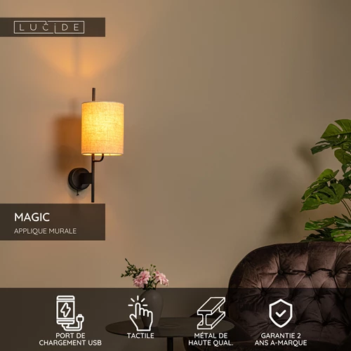 Lucide MAGIC - Applique murale - 1xE27 - Point de rechargement USB - Noir - USP